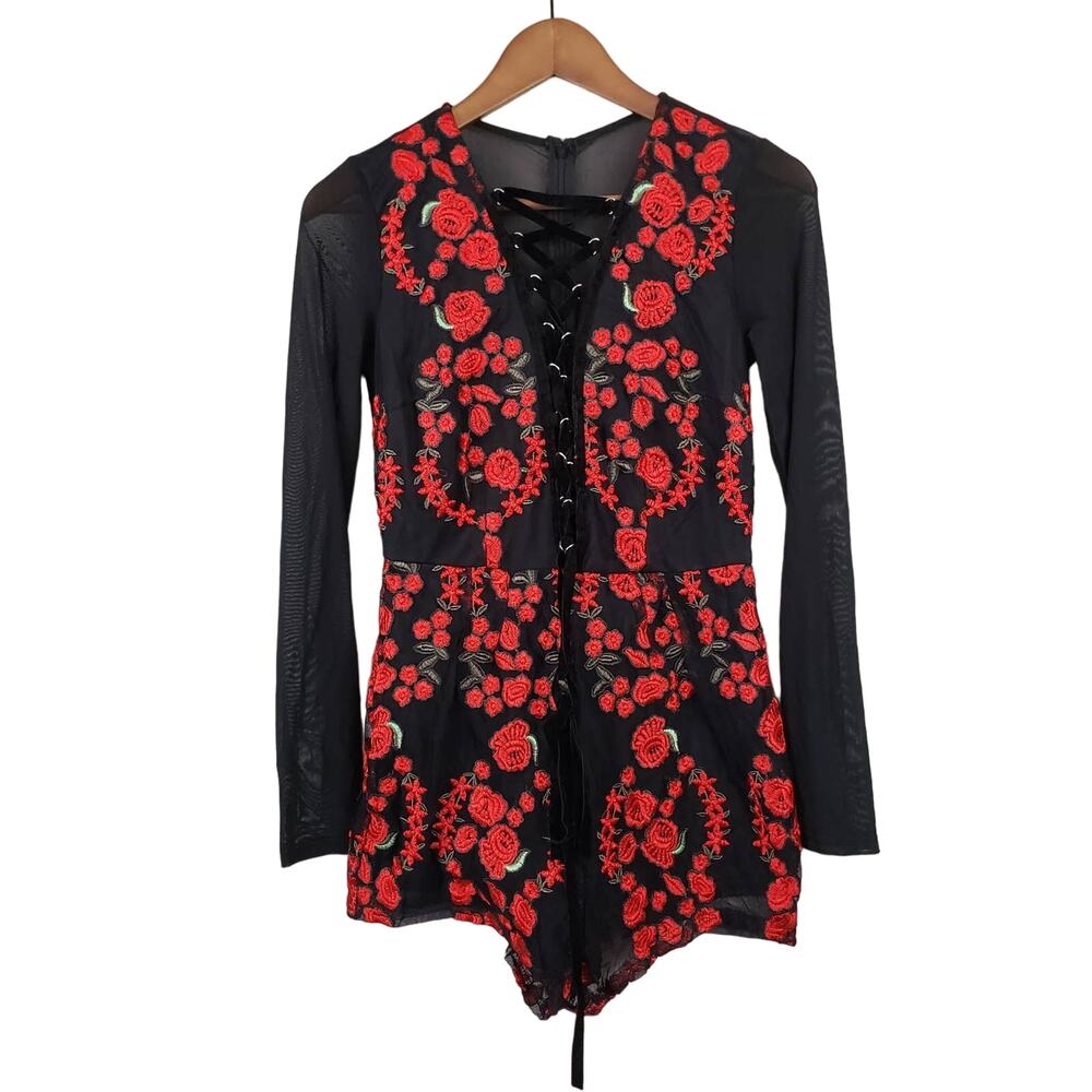 Embroidered Floral Mesh Romper - S